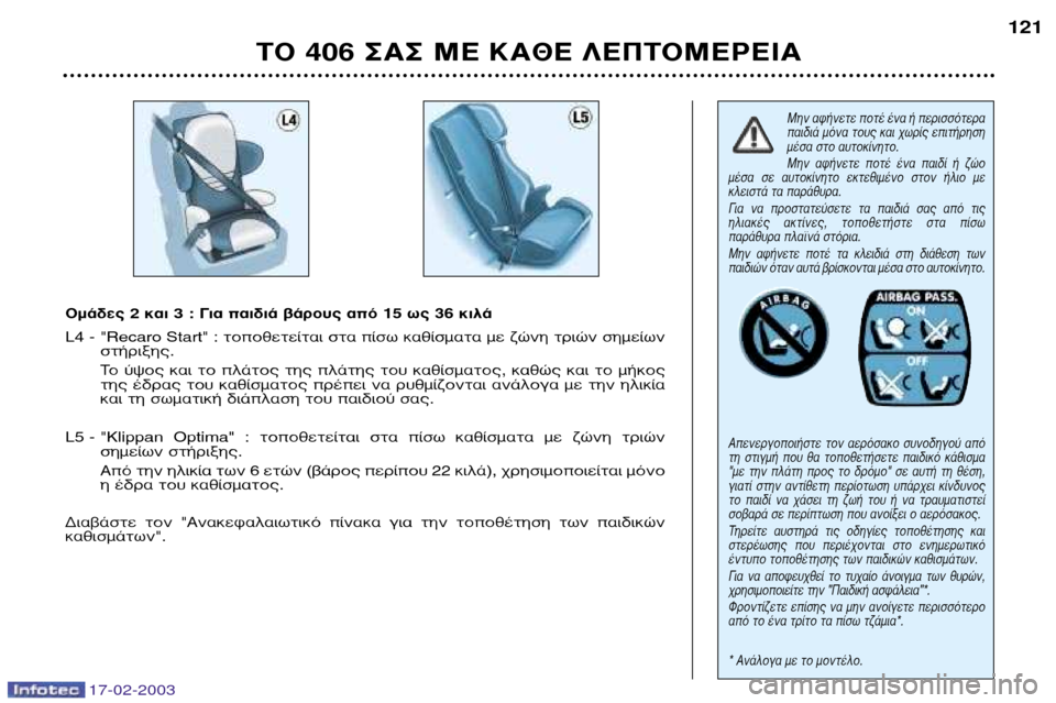 Peugeot 406 Break 2003  Εγχειρίδιο χρήσης (in Greek) 17-02-2003
∆√ 406 ™∞™ ª∂ ∫∞£∂ §∂¶∆√ª∂ƒ∂π∞121
ªËÓ ·Ê‹ÓÂÙÂ ÔÙ¤ ¤Ó· ‹ ÂÚÈÛÛﬁÙÂÚ· 
·È‰È¿ ÌﬁÓ· ÙÔ˘˜ Î·È ¯ˆÚ