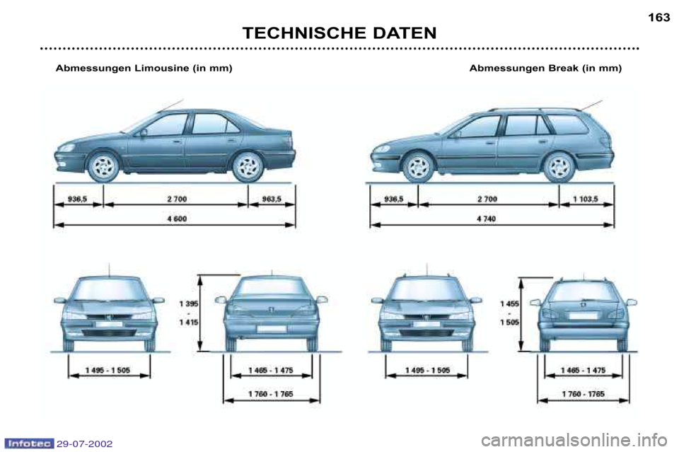 Peugeot 406 Break 2002.5  Betriebsanleitung (in German) TECHNISCHE DATEN163
Abmessungen Limousine (in mm) Abmessungen Break (in mm)
29-07-2002  