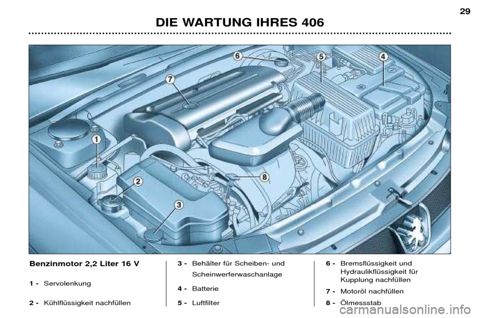 Peugeot 406 Break 2002  Betriebsanleitung (in German) DIE WARTUNG IHRES 406
29
Benzinmotor 2,2 Liter 16 V  1 - Servolenkung
2 -  Kühlflüssigkeit nachfüllen 3 - 
Behälter für Scheiben- und Scheinwerferwaschanlage
4 -  Batterie
5 -  Luftfilter 6 - 
Br