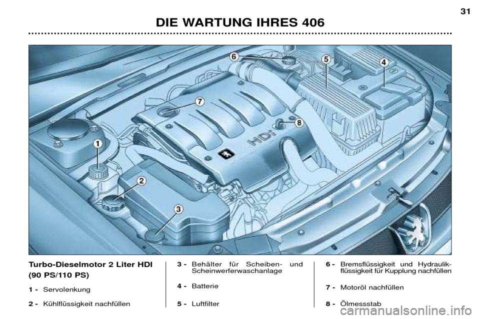 Peugeot 406 Break 2002  Betriebsanleitung (in German) DIE WARTUNG IHRES 406
31
Turbo-Dieselmotor 2 Liter HDI 
(90 PS/110 PS)
1 -Servolenkung
2 -Kühlflüssigkeit nachfüllen3-
Behälter für Scheiben- und Scheinwerferwaschanlage
4- Batterie
5- Luftfilter