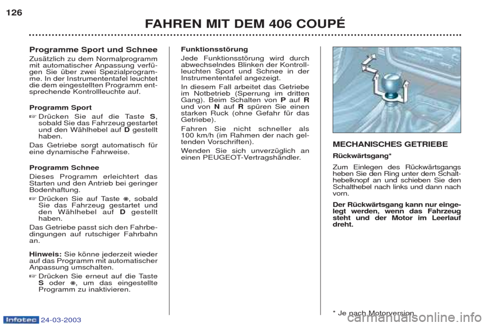 Peugeot 406 C 2003 Betriebsanleitung (in German) 24-03-2003
Programme Sport und Schnee ZusŠtzlich zu dem Normalprogramm
mit automatischer Anpassung verfŸ-gen Sie Ÿber zwei Spezialprogram-me. In der Instrumententafel leuchtetdie dem eingestellten Peugeot 406 C 2003 Betriebsanleitung (in German) 24-03-2003
Programme Sport und Schnee ZusŠtzlich zu dem Normalprogramm
mit automatischer Anpassung verfŸ-gen Sie Ÿber zwei Spezialprogram-me. In der Instrumententafel leuchtetdie dem eingestellten