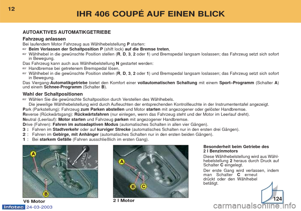 Peugeot 406 C 2003 Betriebsanleitung (in German) 24-03-2003
Fahrzeug anlassen Bei laufendem Motor Fahrzeug aus WŠhlhebelstellung Pstarten:
☞ Beim Verlassen der Schaltposition P (shift lock) auf die Bremse treten ,
☞ WŠhlhebel in die gewŸnsc Peugeot 406 C 2003 Betriebsanleitung (in German) 24-03-2003
Fahrzeug anlassen Bei laufendem Motor Fahrzeug aus WŠhlhebelstellung Pstarten:
☞ Beim Verlassen der Schaltposition P (shift lock) auf die Bremse treten ,
☞ WŠhlhebel in die gewŸnsc