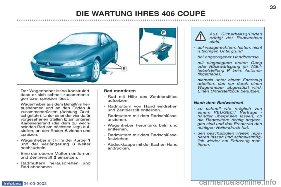 Peugeot 406 C 2003 Betriebsanleitung (in German) 24-03-2003
-Der Wagenheber ist so konstruiert, dass er sich schnell zusammenle-
gen bzw. spreizen lŠsst. W agenheber aus dem BehŠltnis her-
ausnehmen und an den Enden A
zusammendrŸcken (Achtung Qu Peugeot 406 C 2003 Betriebsanleitung (in German) 24-03-2003
-Der Wagenheber ist so konstruiert, dass er sich schnell zusammenle-
gen bzw. spreizen lŠsst. W agenheber aus dem BehŠltnis her-
ausnehmen und an den Enden A
zusammendrŸcken (Achtung Qu