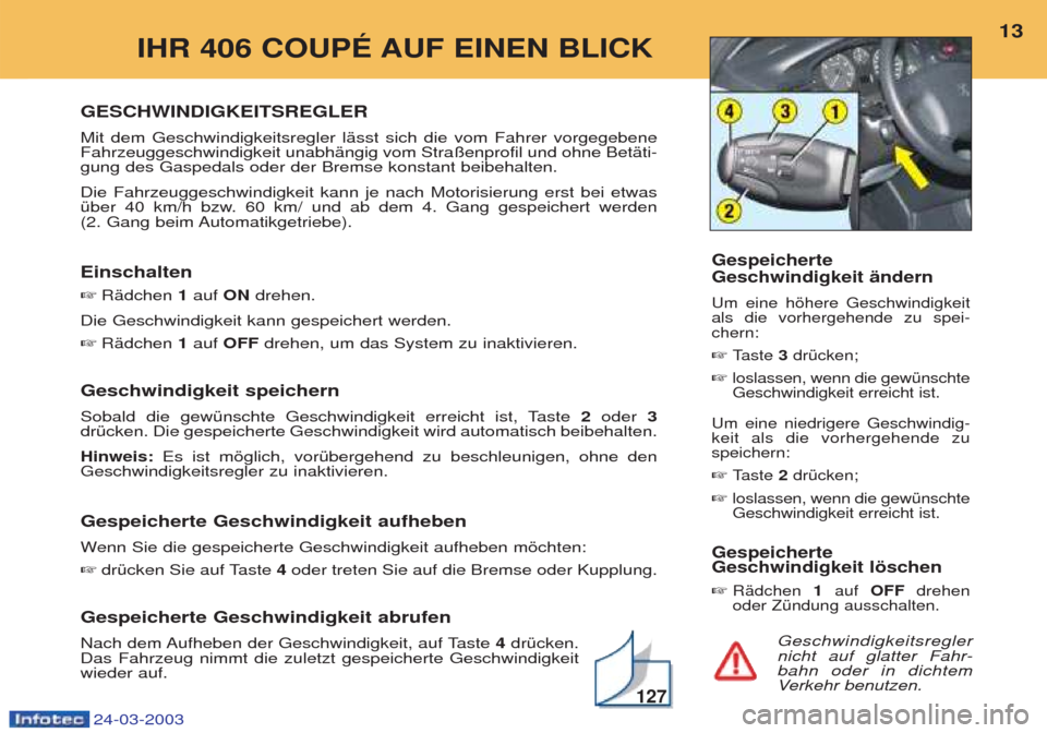 Peugeot 406 C 2003 Betriebsanleitung (in German) 24-03-2003
GESCHWINDIGKEITSREGLER Mit dem Geschwindigkeitsregler lŠsst sich die vom Fahrer vorgegebene Fahrzeuggeschwindigkeit unabhŠngig vom Stra§enprofil und ohne BetŠti-gung des Gaspedals oder Peugeot 406 C 2003 Betriebsanleitung (in German) 24-03-2003
GESCHWINDIGKEITSREGLER Mit dem Geschwindigkeitsregler lŠsst sich die vom Fahrer vorgegebene Fahrzeuggeschwindigkeit unabhŠngig vom Stra§enprofil und ohne BetŠti-gung des Gaspedals oder