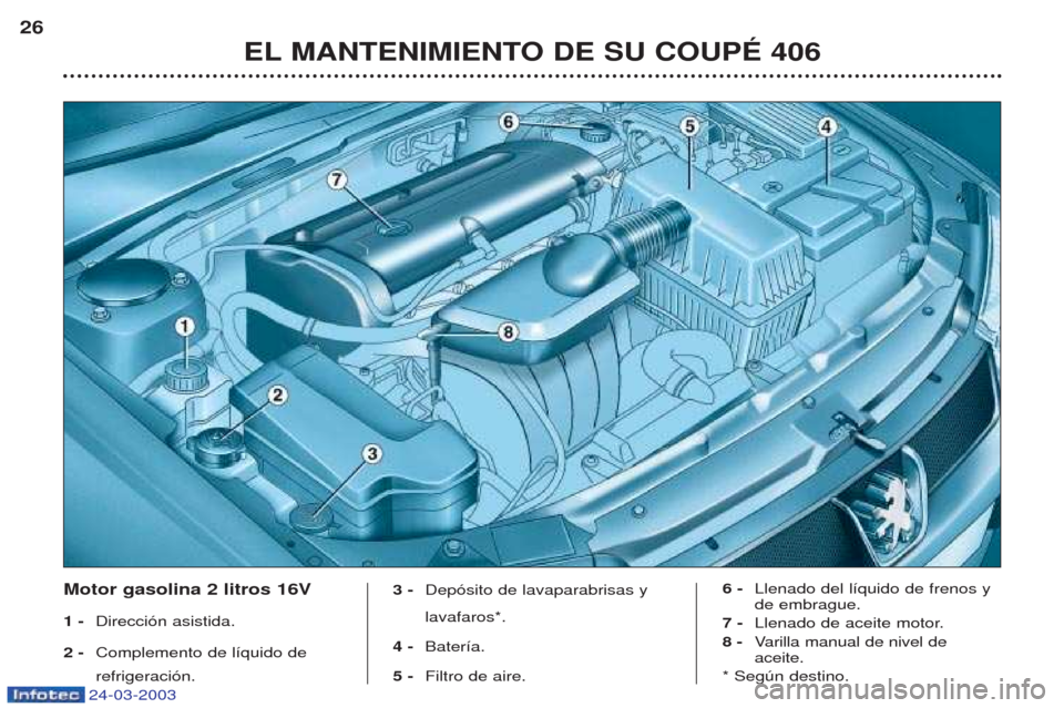 Peugeot 406 C 2003  Manual del propietario (in Spanish) 24-03-2003
EL MANTENIMIENTO DE SU COUPÉ 406
26
Motor gasolina 2 litros 16V 1 -
Direcci—n asistida.
2 -  Complemento de l’quido de refrigeraci—n. 3 -
Dep—sito de lavaparabrisas y lavafaros*.
4