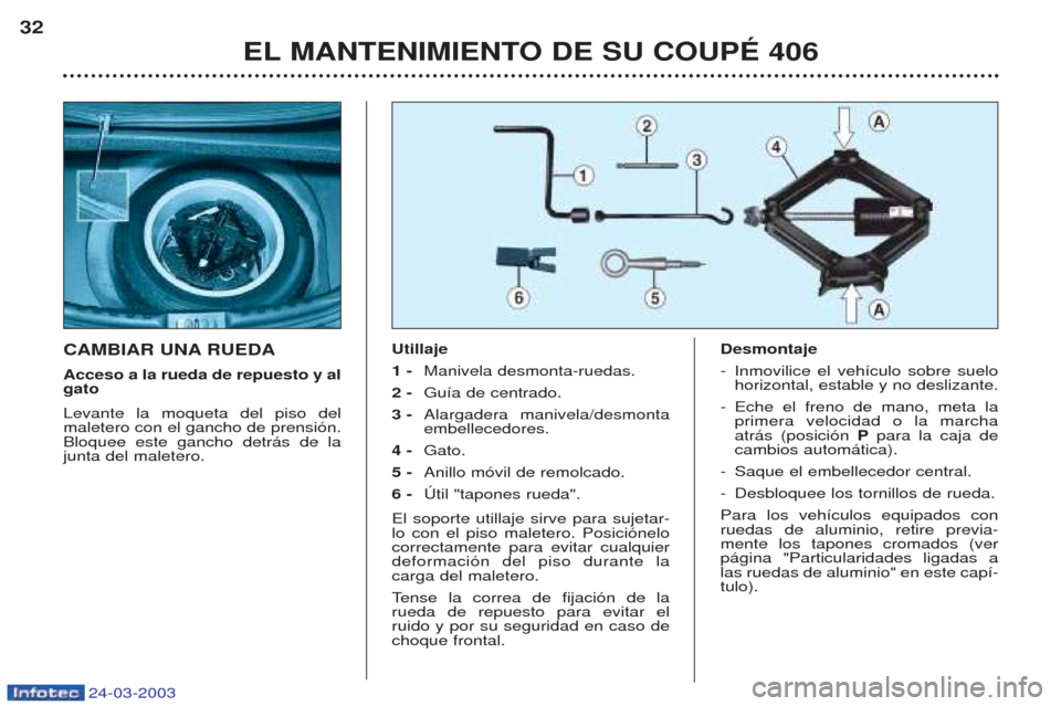 Peugeot 406 C 2003 Manual del propietario (in Spanish) 24-03-2003
CAMBIAR UNA RUEDA Acceso a la rueda de repuesto y al gato Levante la moqueta del piso del maletero con el gancho de prensi—n.Bloquee este gancho detr‡s de lajunta del maletero.Utillaje Peugeot 406 C 2003 Manual del propietario (in Spanish) 24-03-2003
CAMBIAR UNA RUEDA Acceso a la rueda de repuesto y al gato Levante la moqueta del piso del maletero con el gancho de prensi—n.Bloquee este gancho detr‡s de lajunta del maletero.Utillaje