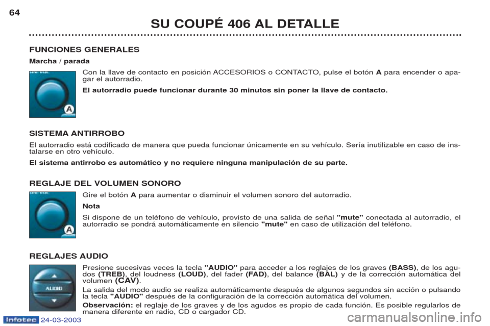 Peugeot 406 C 2003 Manual del propietario (in Spanish) 24-03-2003
SU COUPÉ 406 AL DETALLE
64
FUNCIONES GENERALES Marcha / parada Con la llave de contacto en posici—n ACCESORIOS o CONTACTO, pulse el bot—n Apara encender o apa-
gar el autorradio.El au Peugeot 406 C 2003 Manual del propietario (in Spanish) 24-03-2003
SU COUPÉ 406 AL DETALLE
64
FUNCIONES GENERALES Marcha / parada Con la llave de contacto en posici—n ACCESORIOS o CONTACTO, pulse el bot—n Apara encender o apa-
gar el autorradio.El au