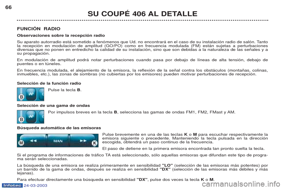 Peugeot 406 C 2003 Manual del propietario (in Spanish) 24-03-2003
SU COUPÉ 406 AL DETALLE
66
FUNCIÓN RADIO Observaciones sobre la recepción radio
Su aparato autorradio est‡ sometido a fen—menos que Ud. no encontrar‡ en el caso de su instalaci Peugeot 406 C 2003 Manual del propietario (in Spanish) 24-03-2003
SU COUPÉ 406 AL DETALLE
66
FUNCIÓN RADIO Observaciones sobre la recepción radio
Su aparato autorradio est‡ sometido a fen—menos que Ud. no encontrar‡ en el caso de su instalaci