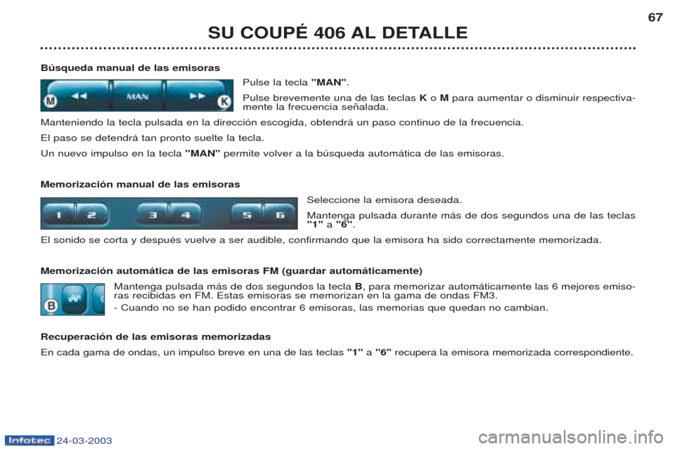 Peugeot 406 C 2003 Manual del propietario (in Spanish) 24-03-2003
SU COUPÉ 406 AL DETALLE67
Búsqueda manual de las emisoras Pulse la tecla "MAN".
Pulse brevemente una de las teclas Ko M para aumentar o disminuir respectiva-
mente la frecuencia se–alad Peugeot 406 C 2003 Manual del propietario (in Spanish) 24-03-2003
SU COUPÉ 406 AL DETALLE67
Búsqueda manual de las emisoras Pulse la tecla "MAN".
Pulse brevemente una de las teclas Ko M para aumentar o disminuir respectiva-
mente la frecuencia se–alad