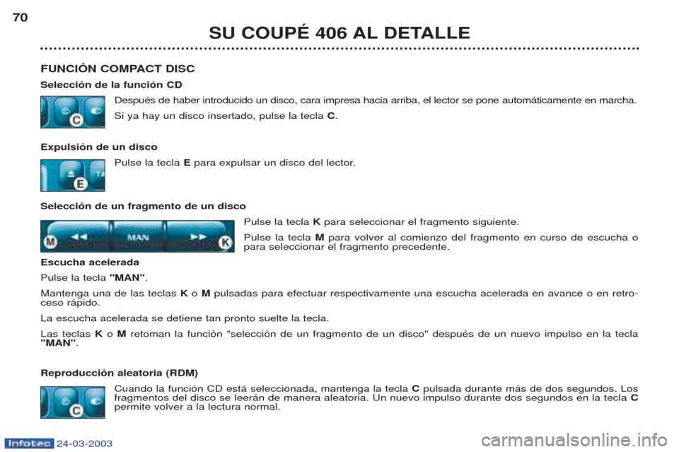 Peugeot 406 C 2003 Manual del propietario (in Spanish) 24-03-2003
SU COUPÉ 406 AL DETALLE
70
FUNCIÓN COMPACT DISC Selección de la función CD DespuŽs de haber introducido un disco, cara impresa hacia arriba, el lector se pone autom‡ticamente en marc Peugeot 406 C 2003 Manual del propietario (in Spanish) 24-03-2003
SU COUPÉ 406 AL DETALLE
70
FUNCIÓN COMPACT DISC Selección de la función CD DespuŽs de haber introducido un disco, cara impresa hacia arriba, el lector se pone autom‡ticamente en marc