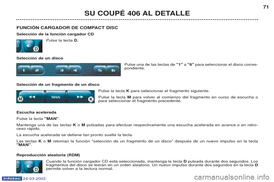 Peugeot 406 C 2003 Manual del propietario (in Spanish) 24-03-2003
SU COUPÉ 406 AL DETALLE71
FUNCIÓN CARGADOR DE COMPACT DISC Selección de la función cargador CD Pulse la tecla D.
Selección de un disco Pulse una de las teclas de "1"a "6" para selecc Peugeot 406 C 2003 Manual del propietario (in Spanish) 24-03-2003
SU COUPÉ 406 AL DETALLE71
FUNCIÓN CARGADOR DE COMPACT DISC Selección de la función cargador CD Pulse la tecla D.
Selección de un disco Pulse una de las teclas de "1"a "6" para selecc