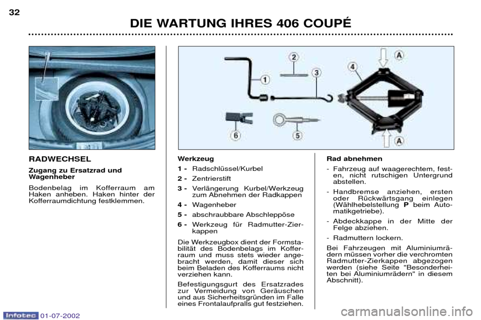 Peugeot 406 C 2002 Betriebsanleitung (in German) RADWECHSEL Zugang zu Ersatzrad und
Wagenheber
Bodenbelag im Kofferraum am Haken anheben. Haken hinter der
Kofferraumdichtung festklemmen.Werkzeug 1 -
RadschlŸssel/Kurbel
2 - Zentrierstift
3 - V Peugeot 406 C 2002 Betriebsanleitung (in German) RADWECHSEL Zugang zu Ersatzrad und
Wagenheber
Bodenbelag im Kofferraum am Haken anheben. Haken hinter der
Kofferraumdichtung festklemmen.Werkzeug 1 -
RadschlŸssel/Kurbel
2 - Zentrierstift
3 - V