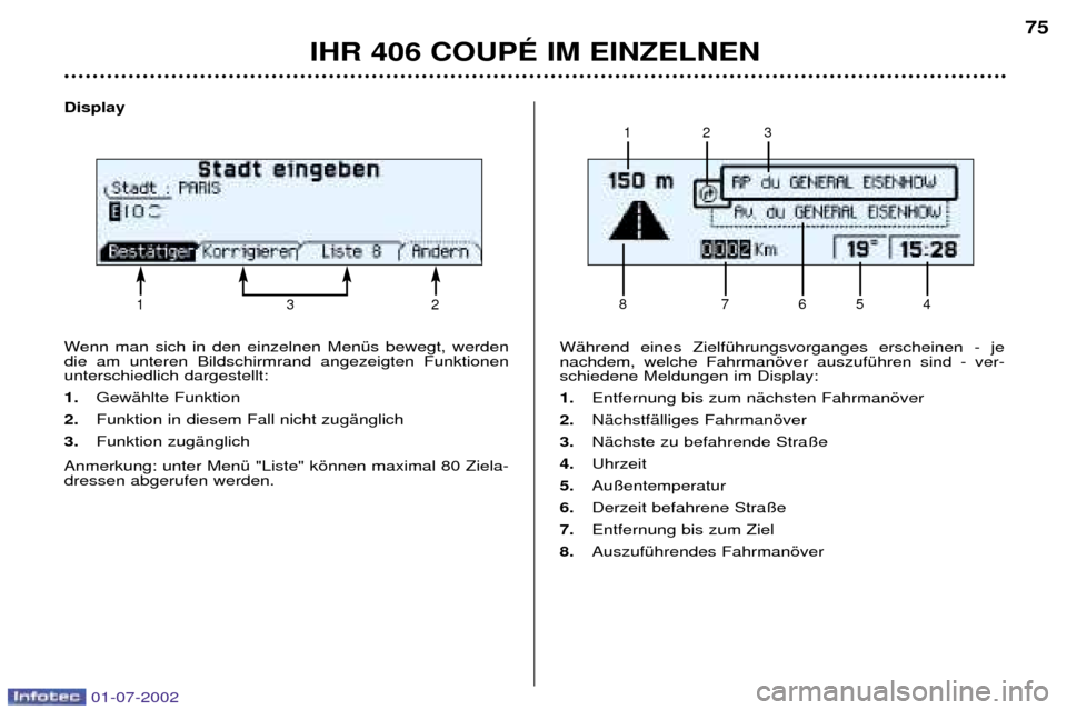 Peugeot 406 C 2002  Betriebsanleitung (in German) Display 
Wenn man sich in den einzelnen MenŸs bewegt, werden die am unteren Bildschirmrand angezeigten Funktionenunterschiedlich dargestellt: 1. GewŠhlte Funktion 
2.  Funktion in diesem Fall nicht 