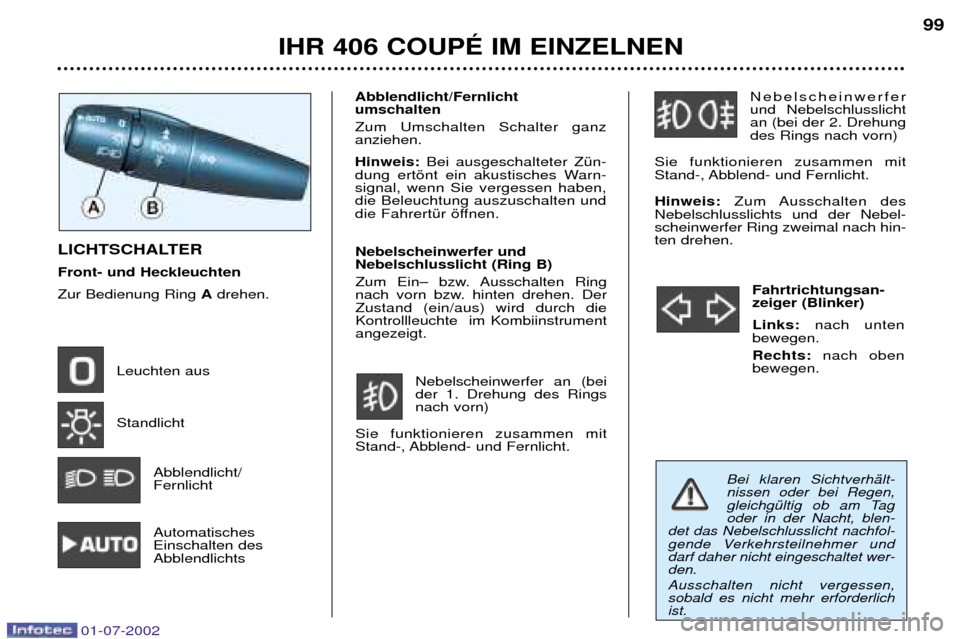 Peugeot 406 C 2002 Betriebsanleitung (in German) Nebelscheinwerfer und Nebelschlusslichtan (bei der 2. Drehungdes Rings nach vorn)
Sie funktionieren zusammen mit
Stand-, Abblend- und Fernlicht. Hinweis: Zum Ausschalten des
Nebelschlusslichts und d Peugeot 406 C 2002 Betriebsanleitung (in German) Nebelscheinwerfer und Nebelschlusslichtan (bei der 2. Drehungdes Rings nach vorn)
Sie funktionieren zusammen mit
Stand-, Abblend- und Fernlicht. Hinweis: Zum Ausschalten des
Nebelschlusslichts und d
