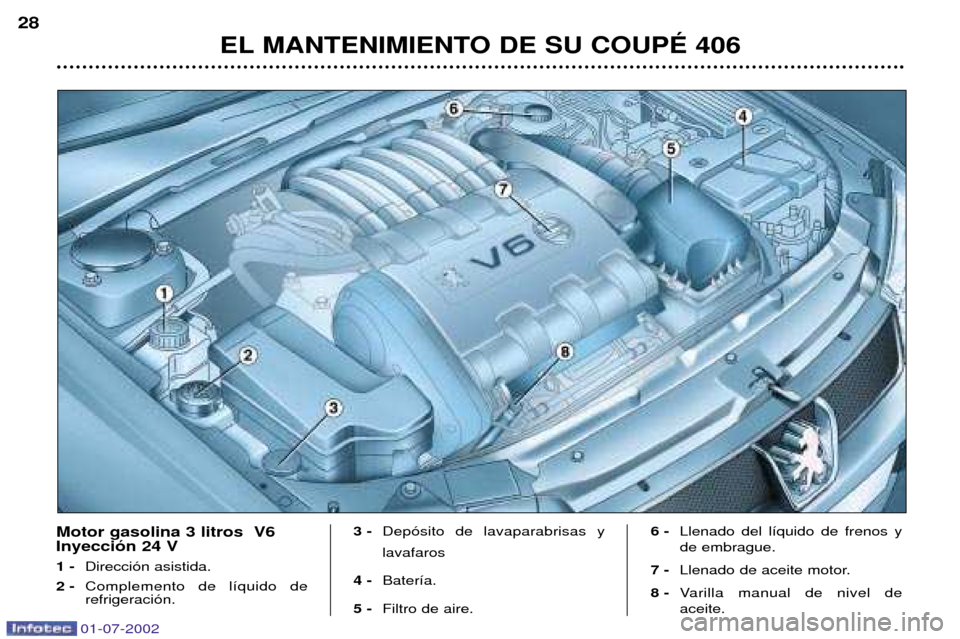 Peugeot 406 C 2002  Manual del propietario (in Spanish) EL MANTENIMIENTO DE SU COUPƒ 406
28
Motor gasolina 3 litros  V6 Inyecci—n 24 V 1 -
Direcci—n asistida.
2 - Complemento de l’quido de refrigeraci—n. 3 -
Dep—sito de lavaparabrisas y lavafaro