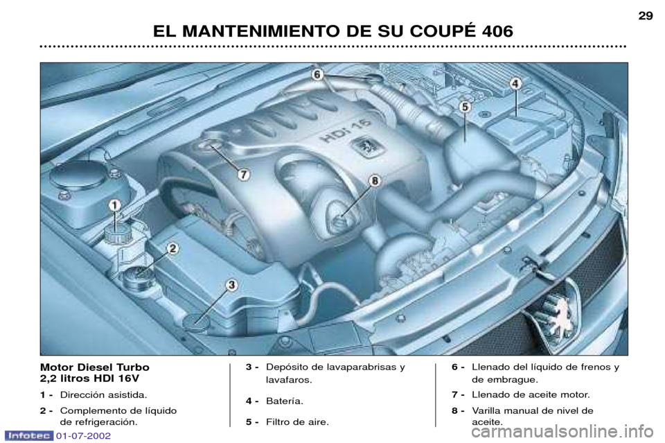 Peugeot 406 C 2002  Manual del propietario (in Spanish) EL MANTENIMIENTO DE SU COUPƒ 40629
Motor Diesel Turbo  2,2 litros HDI 16V 1 -
Direcci—n asistida.
2 - Complemento de l’quido  de refrigeraci—n. 3 - 
Dep—sito de lavaparabrisas y lavafaros.
4 