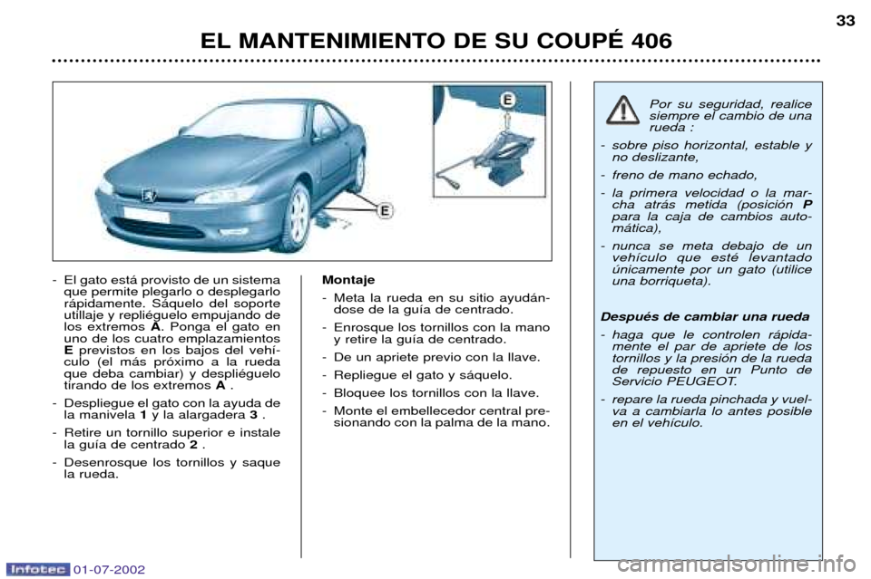 Peugeot 406 C 2002  Manual del propietario (in Spanish) - El gato est‡ provisto de un sistemaque permite plegarlo o desplegarlo r‡pidamente. S‡quelo del soporteutillaje y repliŽguelo empujando delos extremos  A. Ponga el gato en
uno de los cuatro em