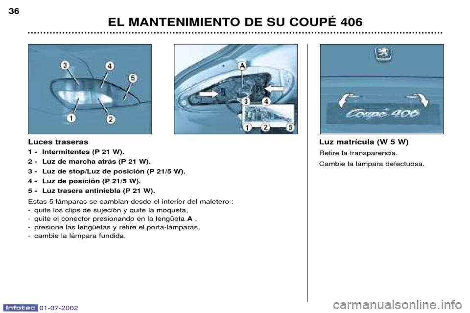Peugeot 406 C 2002  Manual del propietario (in Spanish) EL MANTENIMIENTO DE SU COUPƒ 406
36
Luz matr’cula (W 5 W) Retire la transparencia.  Cambie la l‡mpara defectuosa. 
Luces traseras 
1 - Intermitentes (P 21 W).
2 - Luz de marcha atr‡s (P 21 W).
