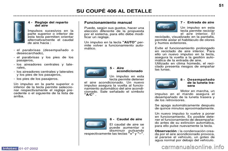 Peugeot 406 C 2002  Manual del propietario (in Spanish) 4 - Reglaje del repartodel aire 
Impulsos sucesivos en la parte superior o inferior deesta tecla permiten orientaralternativamente el caudalde aire hacia :
-el parabrisas (desempa–ado o desescarchad