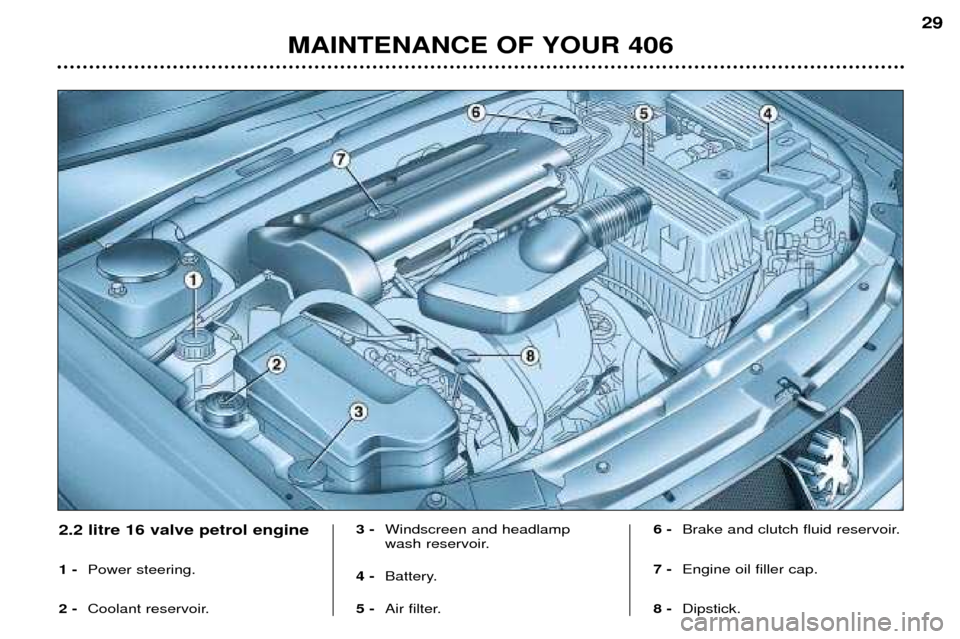 Peugeot 406 Dag 2002  Owners Manual MAINTENANCE OF YOUR 406
29
2.2 litre 16 valve petrol engine 1 -Power steering.
2 - Coolant reservoir. 3 -
Windscreen and headlamp 
wash reservoir.
4 - Battery.
5 - Air filter. 6 -
Brake and clutch flu