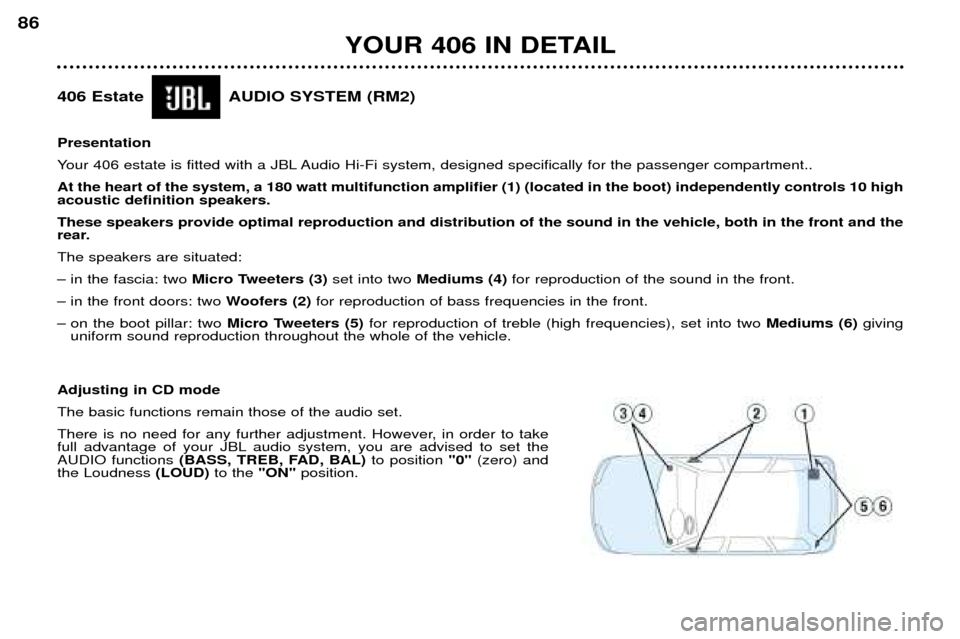 Peugeot 406 Dag 2002 Owners Manual YOUR 406 IN DETAIL
86
406 Estate AUDIO SYSTEM (RM2) Presentation
Your 406 estate is fitted with a JBL Audio Hi-Fi system, designed specifically for the passenger compartment.. At the h Peugeot 406 Dag 2002 Owners Manual YOUR 406 IN DETAIL
86
406 Estate AUDIO SYSTEM (RM2) Presentation
Your 406 estate is fitted with a JBL Audio Hi-Fi system, designed specifically for the passenger compartment.. At the h