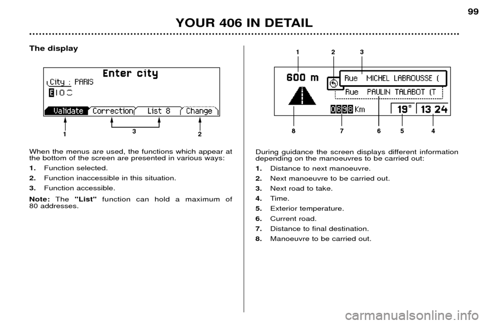 Peugeot 406 Dag 2002  Owners Manual The display When the menus are used, the functions which appear at the bottom of the screen are presented in various ways: 1. Function selected.
2.  Function inaccessible in this situation.
3.  Functi