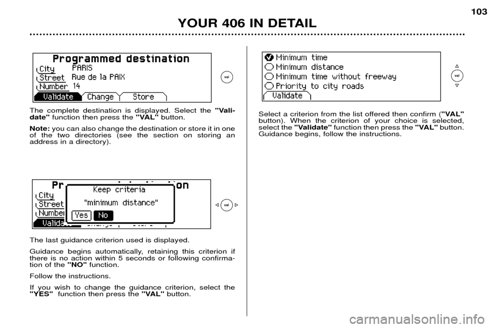 Peugeot 406 Dag 2002  Owners Manual YOUR 406 IN DETAIL
103
The complete destination is displayed. Select the "Vali-
date" function then press the  "VAL"button.
Note: you can also change the destination or store it in one
of the two dire