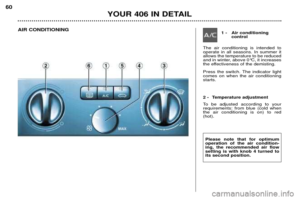 Peugeot 406 Dag 2002  Owners Manual Press the switch. The indicator light comes on when the air conditioningstarts.
1 - Air conditioning control
The air conditioning is intended to operate in all seasons. In summer itallows the temperat