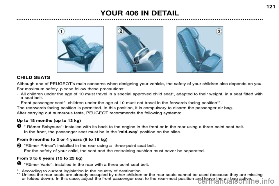Peugeot 406 Dag 2002  Owners Manual YOUR 406 IN DETAIL
121
CHILD SEATS Although one of PEUGEOTs main concerns when designing your vehicle, the safety of your children also depends on you. 
For maximum safety, please follow these precau