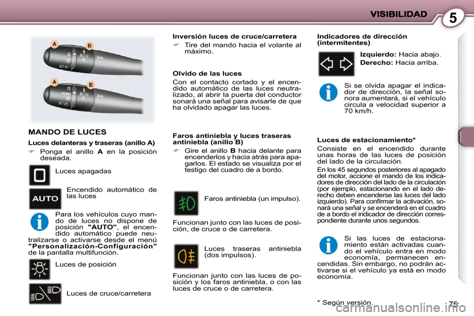Peugeot 407 C 2010.5  Manual del propietario (in Spanish) 5
75
 MANDO DE LUCES  
 Luces apagadas  
 Luces de posición  Luces de cruce/carretera     Olvido de las luces  
 Con  el  contacto  cortado  y  el  encen- 
dido  automático  de  las  luces  neutra-
