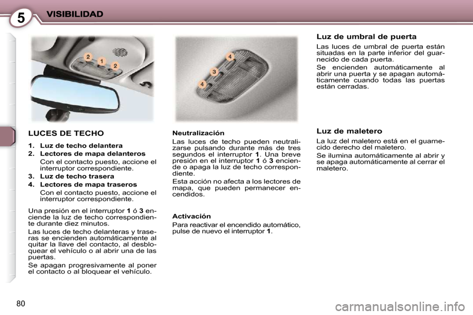 Peugeot 407 C 2010.5  Manual del propietario (in Spanish) 5
80
 LUCES DE TECHO 
   
1.     Luz de techo delantera   
  
2.     Lectores de mapa delanteros    
  Con el contacto puesto, accione el  interruptor correspondiente. 
  
3.     Luz de techo trasera 