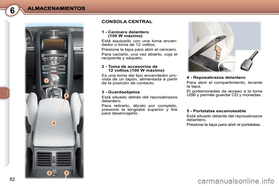Peugeot 407 C 2010.5  Manual del propietario (in Spanish) 6
82
   4 - Reposabrazos delantero  
 Para  abrir  el  compartimiento,  levante  
la tapa.  
 El  portamonedas  da  acceso  a  la  toma  
USB y permite guardar CD y monedas.  
 CONSOLA CENTRAL  
  1 -