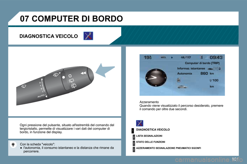 Peugeot 407 C 2009  Manuale del proprietario (in Italian) 161
1
2
2
2
�0�7
� �O�g�n�i� �p�r�e�s�s�i�o�n�e� �d�e�l� �p�u�l�s�a�n�t�e�,� �s�i�t�u�a�t�o� �a�l�l��e�s�t�r�e�m�i�t�à� �d�e�l� � �c�o�m�a�n�d�o� �d�e�l� �t�e�r�g�i�c�r�i�s�t�a�l�l�o� �,� �p�e�r�m�e