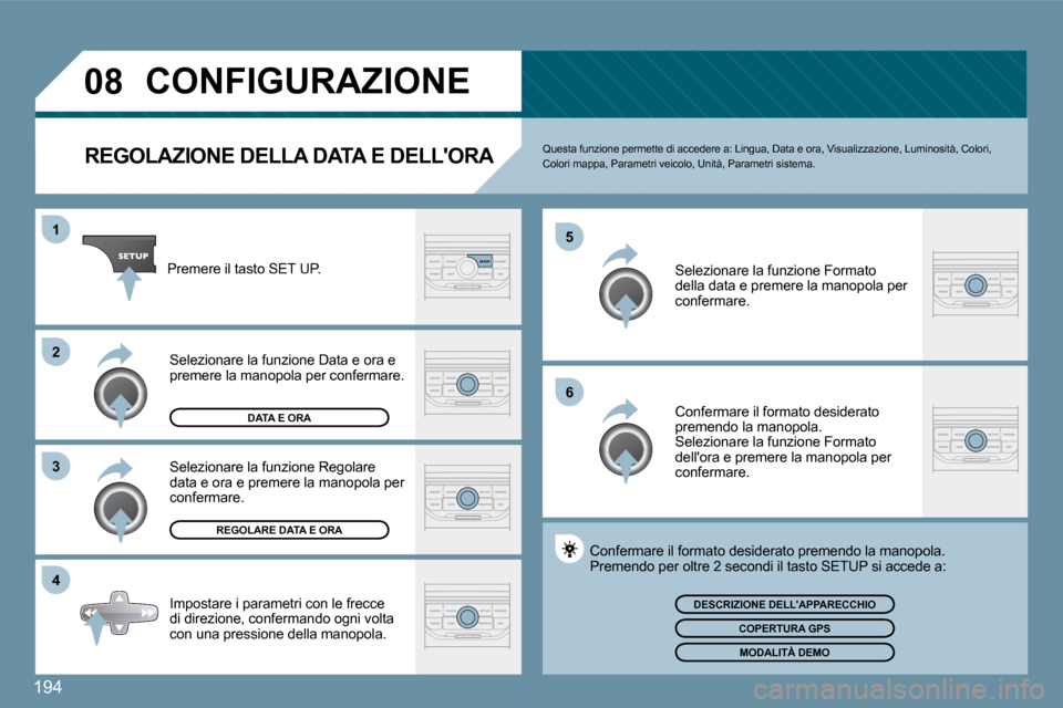 Peugeot 407 C 2009  Manuale del proprietario (in Italian) �1�9�4
�0�8
�1
�3
�4
�5
�6
�2
           CONFIGURAZIONE 
  REGOLAZIONE DELLA DATA E DELLORA  Questa funzione permette di accedere a: Lingua, Data e ora, Visualizzazione, Luminosità, Colori, Colori m