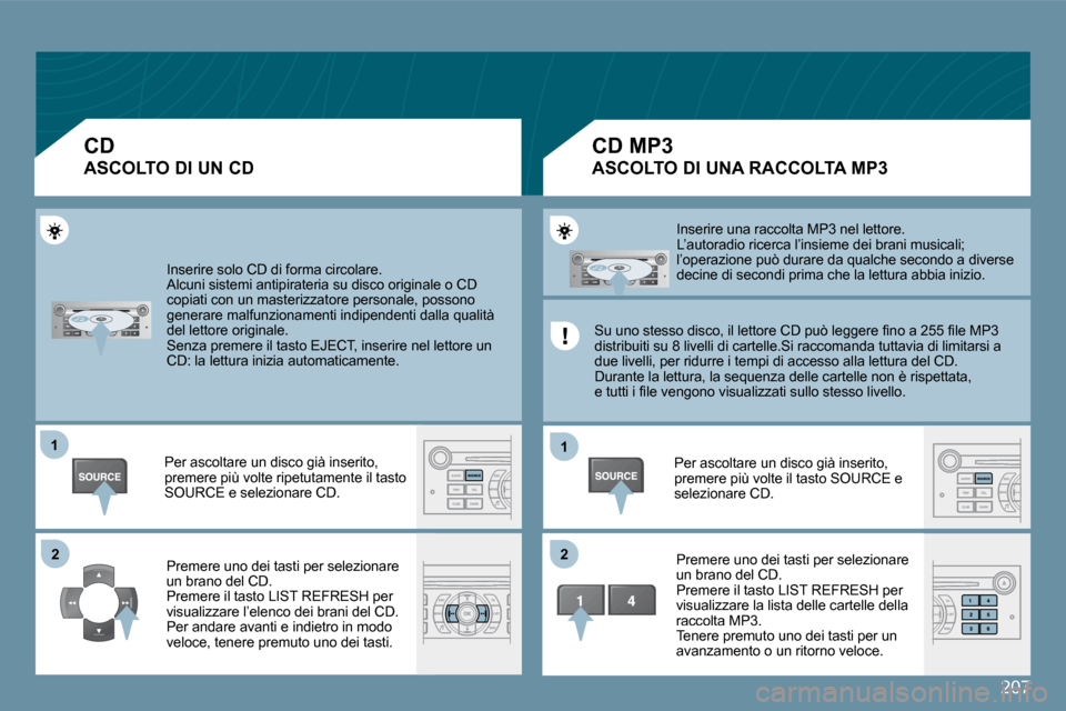 Peugeot 407 C 2009  Manuale del proprietario (in Italian) 207
�1�1
�2�2
�1�1
�2�2
� �I�n�s�e�r�i�r�e� �s�o�l�o� �C�D� �d�i� �f�o�r�m�a� �c�i�r�c�o�l�a�r�e�.� � �A�l�c�u�n�i� �s�i�s�t�e�m�i� �a�n�t�i�p�i�r�a�t�e�r�i�a� �s�u� �d�i�s�c�o� �o�r�i�g�i�n�a�l�e� �o