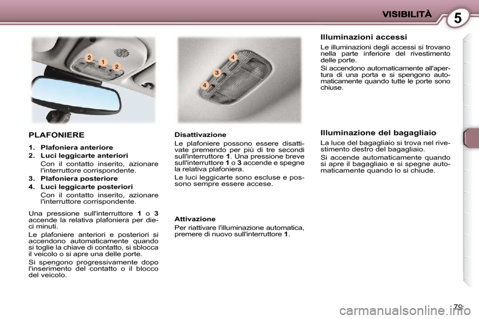 Peugeot 407 C 2009 Manuale del proprietario (in Italian) 5
79
PLAFONIERE
1. Plafoniera anteriore
2. Luci leggicarte anteriori
Con il contatto inserito, azionare linterruttore corrispondente.
3. Plafoniera posteriore Peugeot 407 C 2009 Manuale del proprietario (in Italian) 5
79
PLAFONIERE
1. Plafoniera anteriore
2. Luci leggicarte anteriori
Con il contatto inserito, azionare linterruttore corrispondente.
3. Plafoniera posteriore