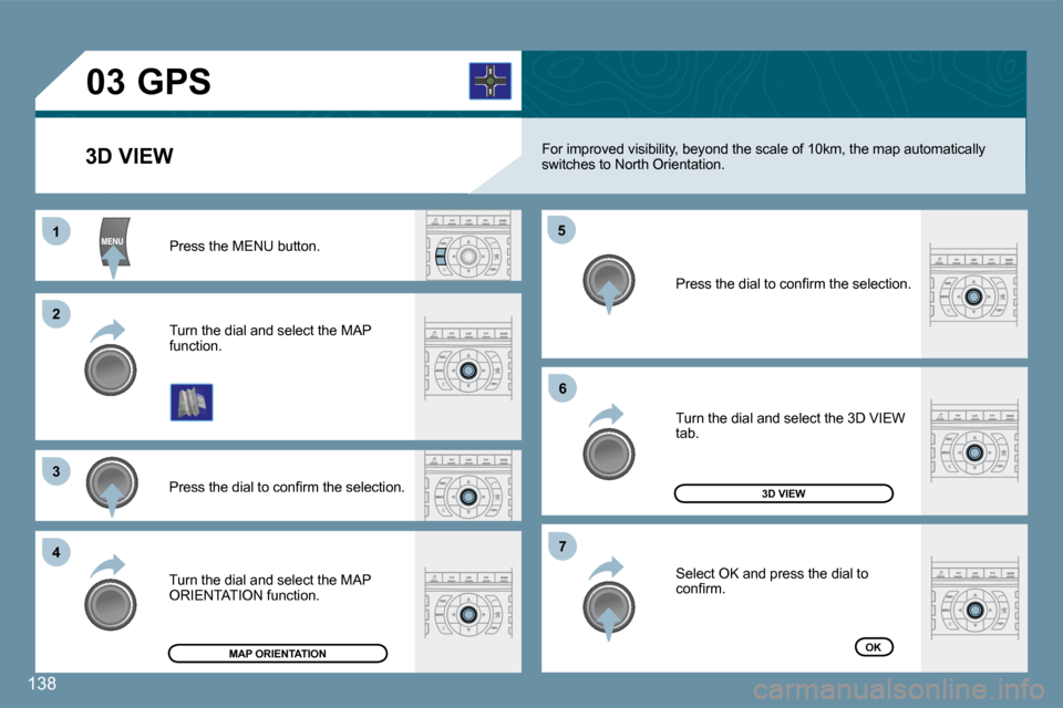 Peugeot 407 C 2008  Owners Manual 11
�2�2
�3�3
�4�4
�5�5
�6�6
�7�7
�0�3
138
 For improved visibility, beyond the scale of 10km, the map automatically switches to North Orientation. 
 Turn the dial and select the MAP function. 
 Press 