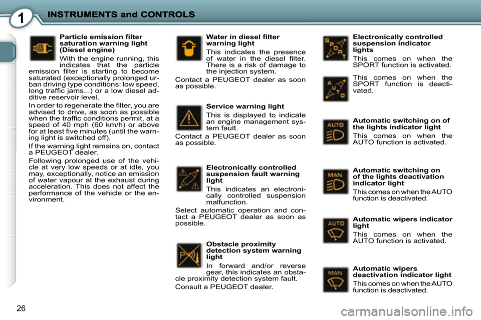 Peugeot 407 C 2008  Owners Manual 1
26
  Electronically controlled  
suspension indicator 
lights  
 This  comes  on  when  the  
SPORT function is activated.  
  Automatic switching on of  
the lights indicator light  
 This  comes  
