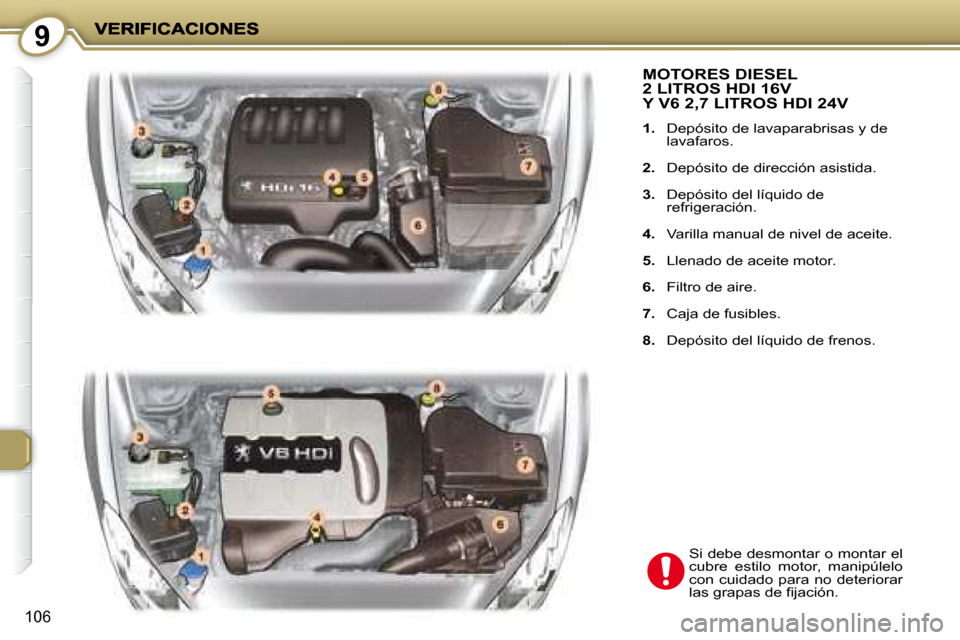 Peugeot 407 C 2008  Manual del propietario (in Spanish) 9
106
 MOTORES DIESEL 2 LITROS HDI 16V Y V6 2,7 LITROS HDI 24V 
   
1.    Depósito de lavaparabrisas y de 
lavafaros. 
  
2.    Depósito de dirección asistida. 
  
3.    Depósito del líquido de 
