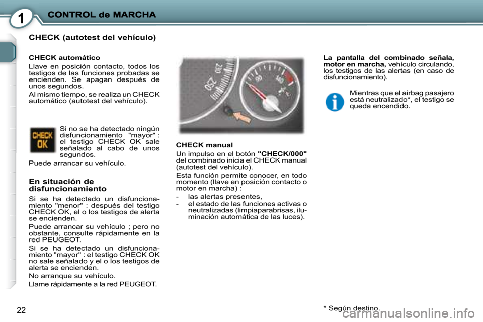 Peugeot 407 C 2008 Manual del propietario (in Spanish) 1
22
CHECK (autotest del vehículo)
En situación de disfuncionamiento
Si se ha detectado un disfunciona-
miento "menor" : después del testigo
CHECK OK, el o los testigos de alerta Peugeot 407 C 2008 Manual del propietario (in Spanish) 1
22
CHECK (autotest del vehículo)
En situación de disfuncionamiento
Si se ha detectado un disfunciona-
miento "menor" : después del testigo
CHECK OK, el o los testigos de alerta