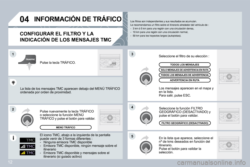 Peugeot 407 C 2008  Manual del propietario (in Spanish) 12
�0�4
�1
�2
�5
�4
�3
 INFORMACIÓN DE TRÁFICO 
  CONFIGURAR EL FILTRO Y LA 
INDICACIÓN DE LOS MENSAJES TMC 
En la lista que aparece, seleccione el nº de kms deseados en función del itinerario.  