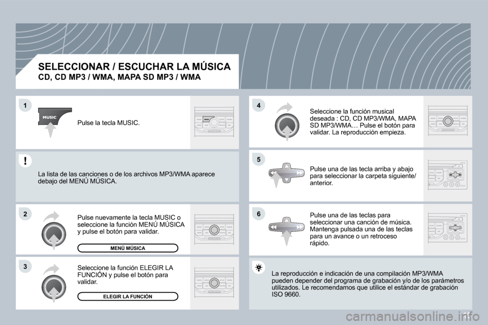 Peugeot 407 C 2008  Manual del propietario (in Spanish) 15
�1
�2
�3
�5
�4
�6
  SELECCIONAR / ESCUCHAR LA MÚSICA  
�C�D�,� �C�D� �M�P�3� �/� �W�M�A�,� �M�A�P�A� �S�D� �M�P�3� �/� �W�M�A� 
 La reproducción e indicación de una compilación MP3/W MP3/WMA pu