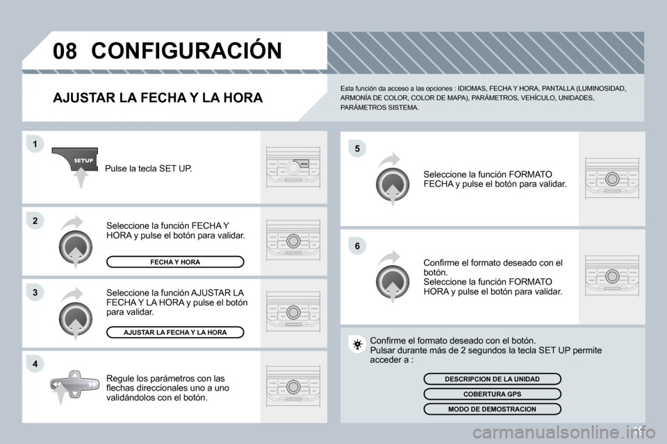 Peugeot 407 C 2008  Manual del propietario (in Spanish) 19
�0�8
�5
�6
�1
�2
�3
�4
 CONFIGURACIÓN 
  AJUSTAR LA FECHA Y LA HORA 
 Esta función da acceso a las opciones : IDIOMAS, FECHA Y HORA, PANTALLA (LUMINOSIDAD, ARMONÍA DE COLOR, COLOR DE MAPA), PAR