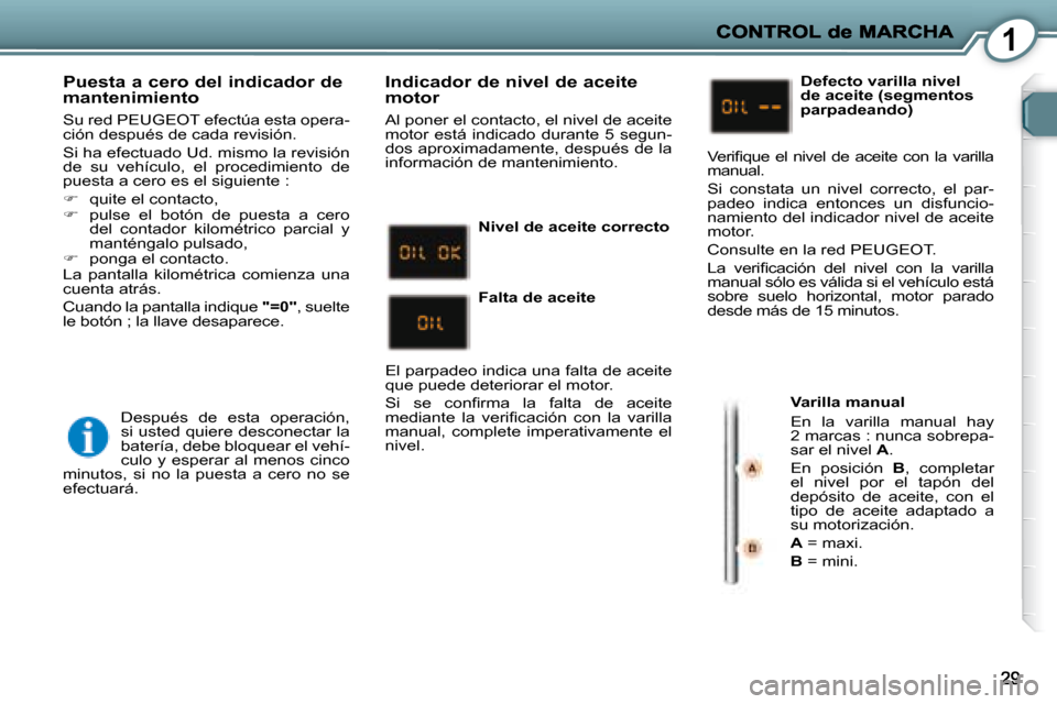 Peugeot 407 C 2008 Manual del propietario (in Spanish) 1
Puesta a cero del indicador de mantenimiento
Su red PEUGEOT efectúa esta opera-
ción después de cada revisión.
Si ha efectuado Ud. mismo la revisión
de su vehículo, el proced Peugeot 407 C 2008 Manual del propietario (in Spanish) 1
Puesta a cero del indicador de mantenimiento
Su red PEUGEOT efectúa esta opera-
ción después de cada revisión.
Si ha efectuado Ud. mismo la revisión
de su vehículo, el proced