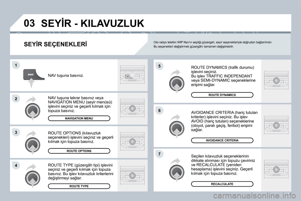Peugeot 407 C 2008  Kullanım Kılavuzu (in Turkish) 7
�0�3
�5
�6
�7
�1
�2
�3
�4
� �S�E�Y�İ�R� �-� �K�I�L�A�V�U�Z�L�U�K� 
� � �S�E�Y�İ�R� �S�E�Ç�E�N�E�K�L�E�R�İ� 
� �R�O�U�T�E� �D�Y�N�A�M�I�C�S� �(�t�r�a�ﬁ� �k� �d�u�r�u�m�u�)� �i�ş�l�e�v�i�n�i� �