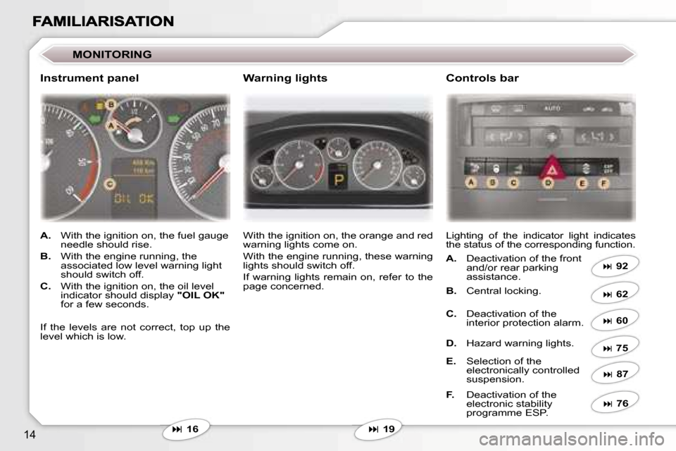 Peugeot 407 C 2007  Owners Manual �1�4
�M�O�N�I�T�O�R�I�N�G�� 
�1�6 �W�i�t�h� �t�h�e� �i�g�n�i�t�i�o�n� �o�n�,� �t�h�e� �o�r�a�n�g�e� �a�n�d� �r�e�d�  
�w�a�r�n�i�n�g� �l�i�g�h�t�s� �c�o�m�e� �o�n�. 
�W�i�t�h� �t�h�e� �e�n�g�i�n�e�