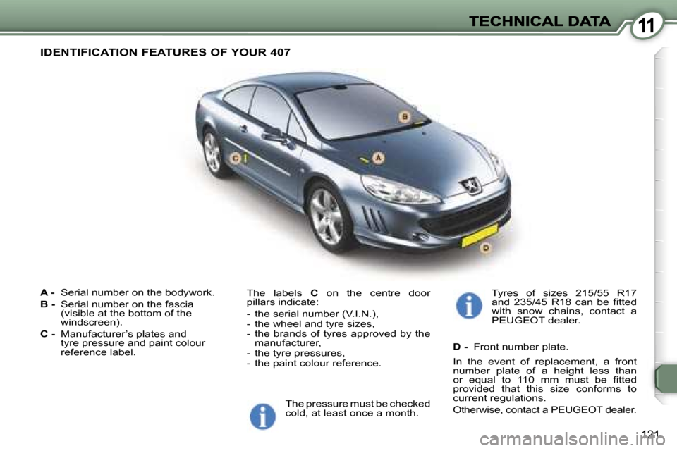 Peugeot 407 C 2007  Owners Manual �1�1
�1�2�1
�A� �-� �S�e�r�i�a�l� �n�u�m�b�e�r� �o�n� �t�h�e� �b�o�d�y�w�o�r�k�.
�B� �-� �S�e�r�i�a�l� �n�u�m�b�e�r� �o�n� �t�h�e� �f�a�s�c�i�a� �(�v�i�s�i�b�l�e� �a�t� �t�h�e� �b�o�t�t�o�m� �o�f� �t�