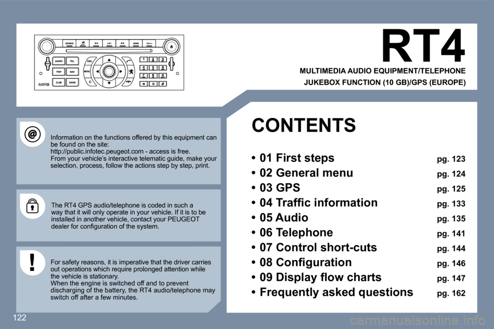Peugeot 407 C 2007  Owners Manual �1�2�2
�R�T�4
�M�U�L�T�I�M�E�D�I�A� �A�U�D�I�O� �E�Q�U�I�P�M�E�N�T�/�T�E�L�E�P�H�O�N�E� 
�J�U�K�E�B�O�X� �F�U�N�C�T�I�O�N� �(�1�0� �G�B�)�/�G�P�S� �(�E�U�R�O�P�E�)
�I�n�f�o�r�m�a�t�i�o�n� �o�n� �t�h�e