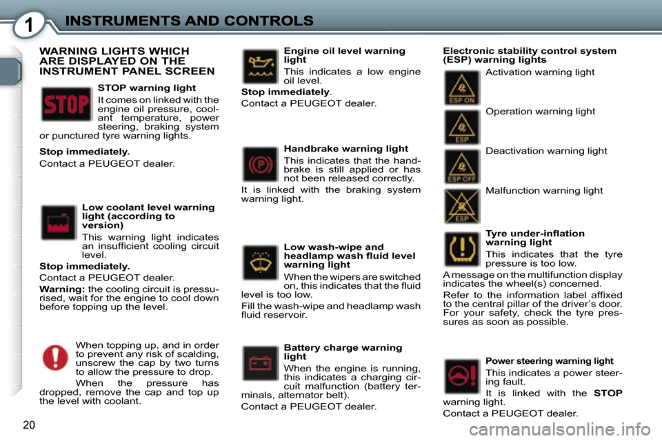 Peugeot 407 C 2007  Owners Manual �1
�2�0
�T�y�r�e� �u�n�d�e�r�-�i�n�ﬂ�a�t�i�o�n� �w�a�r�n�i�n�g� �l�i�g�h�t
�T�h�i�s�  �i�n�d�i�c�a�t�e�s�  �t�h�a�t�  �t�h�e�  �t�y�r�e� �p�r�e�s�s�u�r�e� �i�s� �t�o�o� �l�o�w�.
�A� �m�e�s�s�a�g�e� 