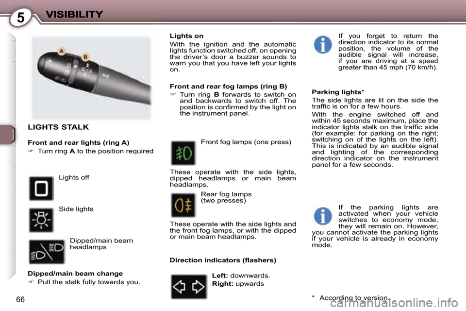 Peugeot 407 C 2007  Owners Manual �5
�6�6
�L�I�G�H�T�S� �S�T�A�L�K
�F�r�o�n�t� �a�n�d� �r�e�a�r� �l�i�g�h�t�s� �(�r�i�n�g� �A�)
��  �T�u�r�n� �r�i�n�g� �A� �t�o� �t�h�e� �p�o�s�i�t�i�o�n� �r�e�q�u�i�r�e�d
�L�i�g�h�t�s� �o�f�f
�S�i�